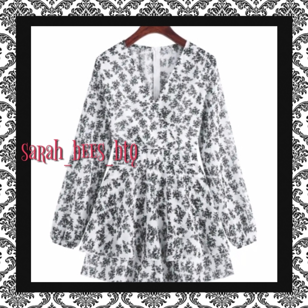 Black & White Floral Wrap Romper with Ruffle Skirt - Picture 6 of 9